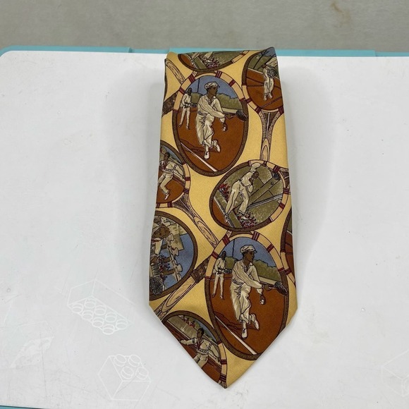 Vintage 90s Polo Ralph Lauren Men's Tennis Print Gold Background Silk Neck Tie - Picture 4 of 5